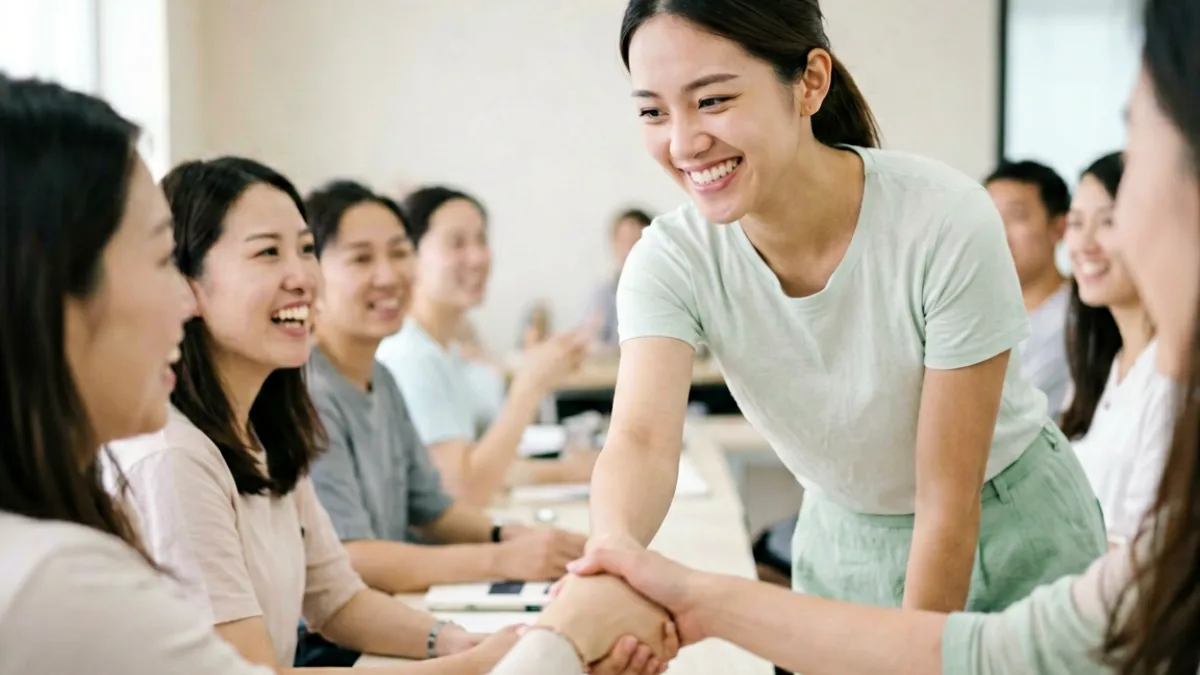 桃乃木香奈在粉丝见面会上俯身与前排观众握手，表情真诚温暖