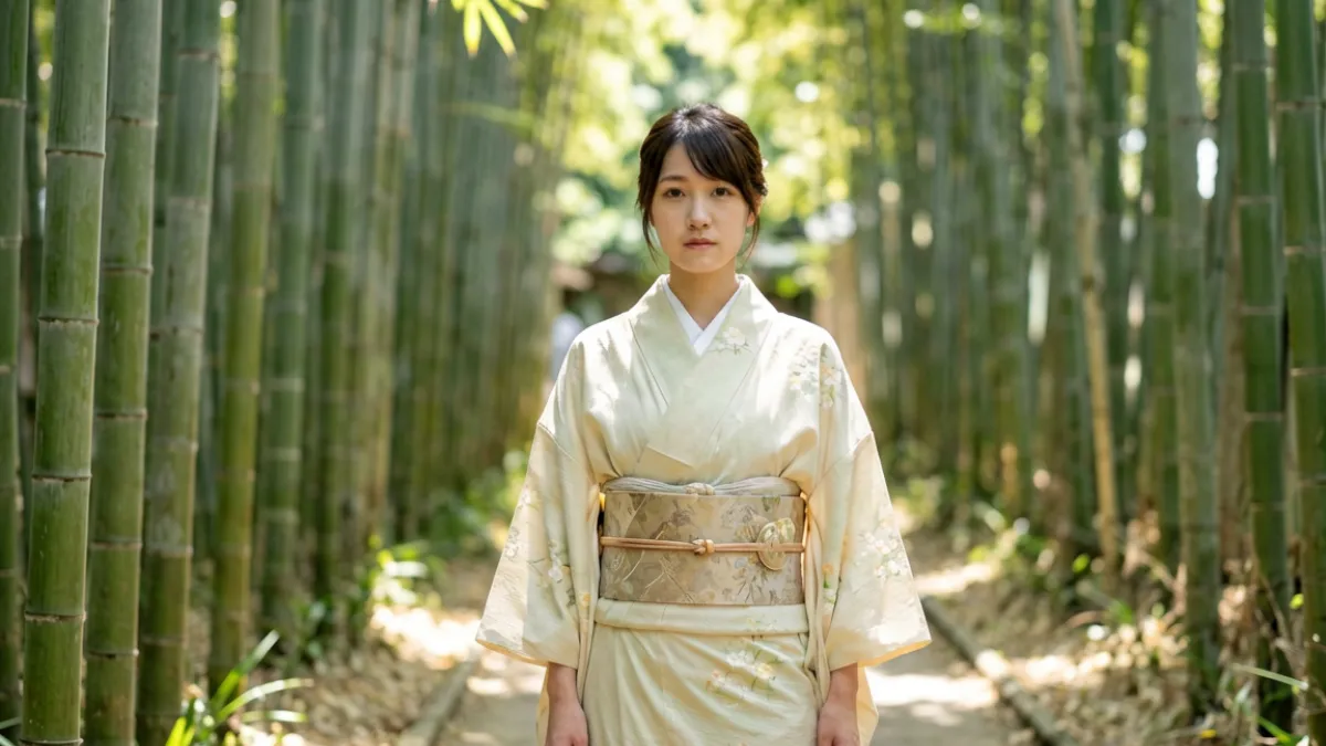 桃乃木香奈写真企划先行图，竹林自然光场景，她身着浅色和风服装，表情恬静