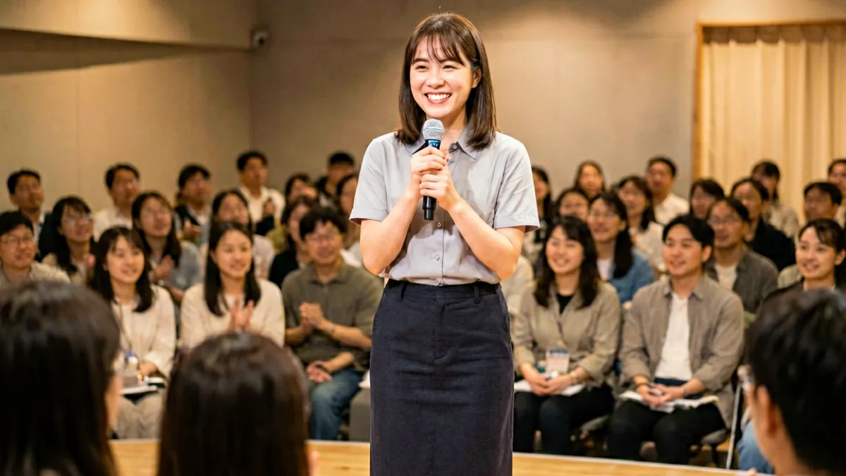 桃乃木香奈在粉丝见面会上与到场观众互动，她手持话筒面带微笑站在小型舞台上